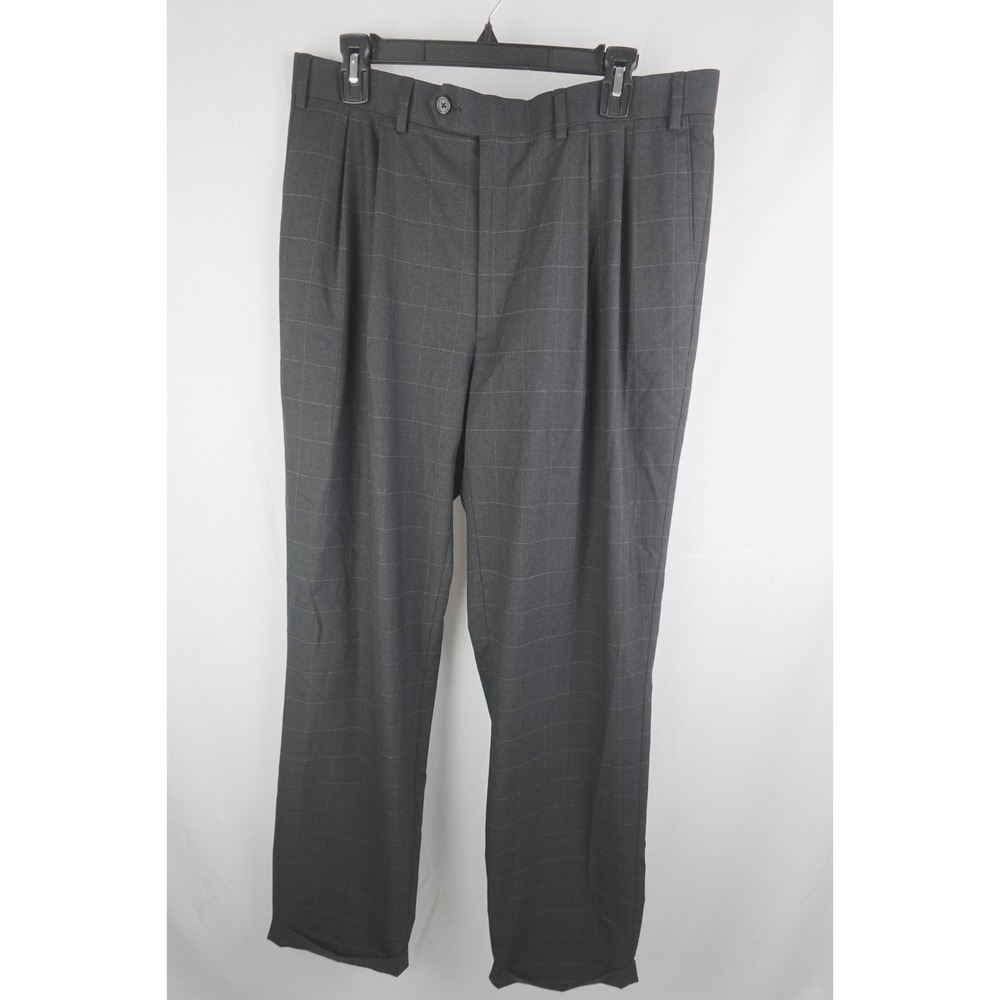 Ralph‎ Lauren Mens 36x34 Charcoal Gray Windowpane Dress Pants Slacks Flat Front